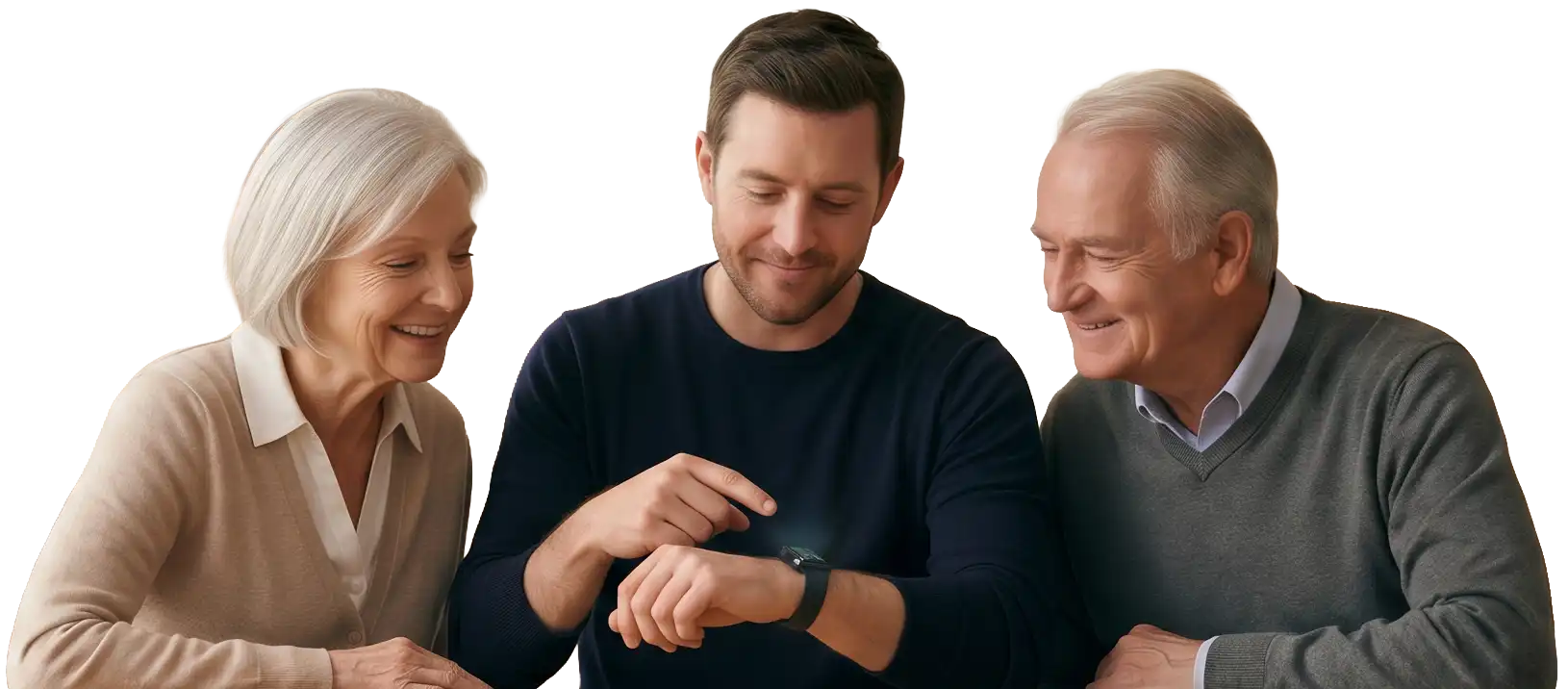 Familia consultando un reloj inteligente para el cuidado de mayores